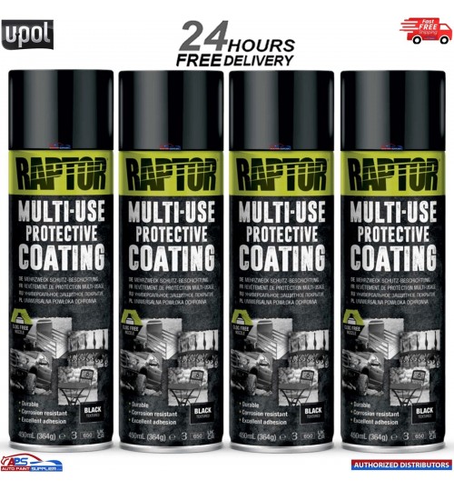 4x UPOL RAPTOR 1K MULTI-USE RMUB/AL PROTECTIVE COATING AEROSOL 450ML - BLACK